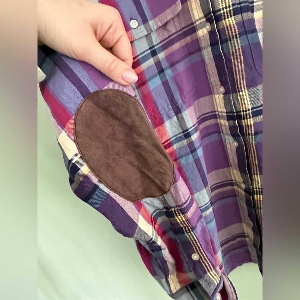 lauren ralph lauren Flannel Shirt Sz L Plaid Elbow Patch Button Down FLAW Purple - Picture 3 of 5